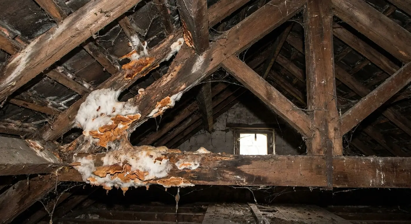 Mérule et champignons lignivores sur bois de charpente